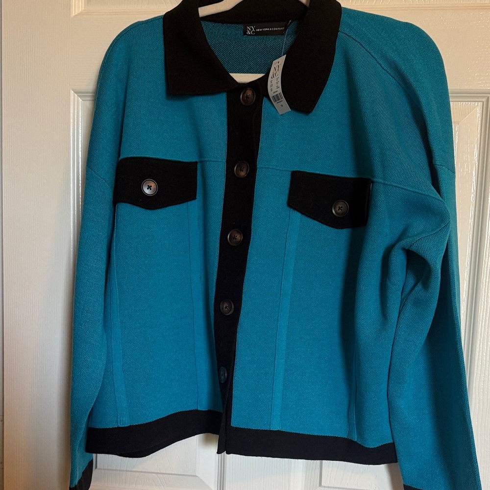 New York & Company Teal and Black Cardigan Sweater
